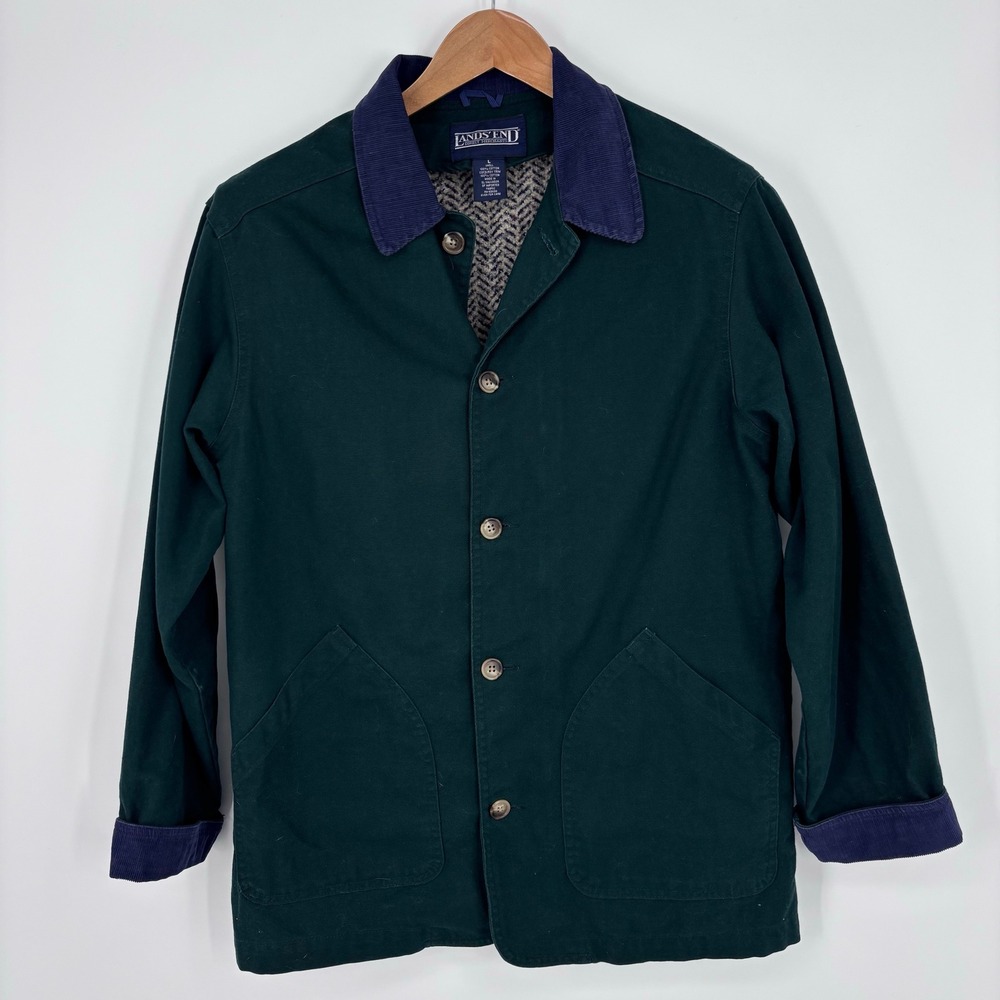 VTG Lands End Barn Jacket Womens L Green Canvas Corduroy Chore Field Coat Liner